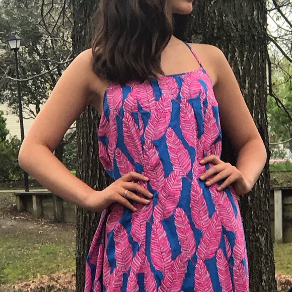 Vineyard Vines Long Maxi Spaghetti Strap Dress Pink Blue Feather Print 0 S - Picture 1 of 13
